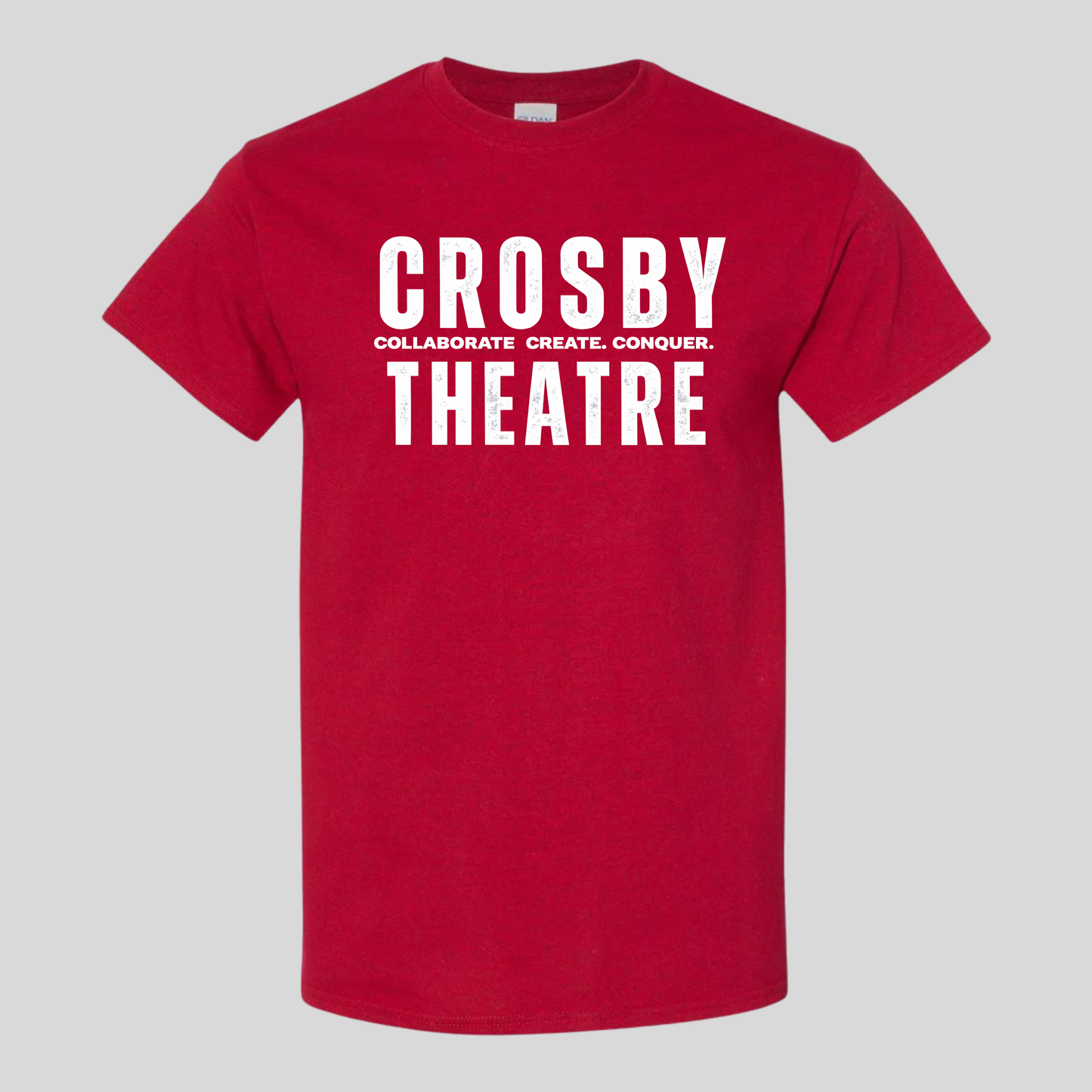 Red t-shirt with 'Crosby Theatre' text on a white background
