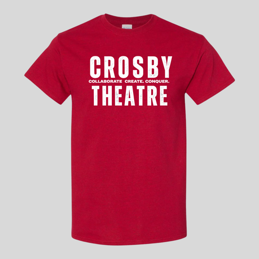 Red t-shirt with 'Crosby Theatre' text on a white background