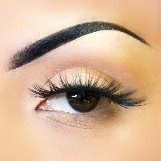 Close-up of an eye with long, dark eyelashes and well-defined eyebrow.