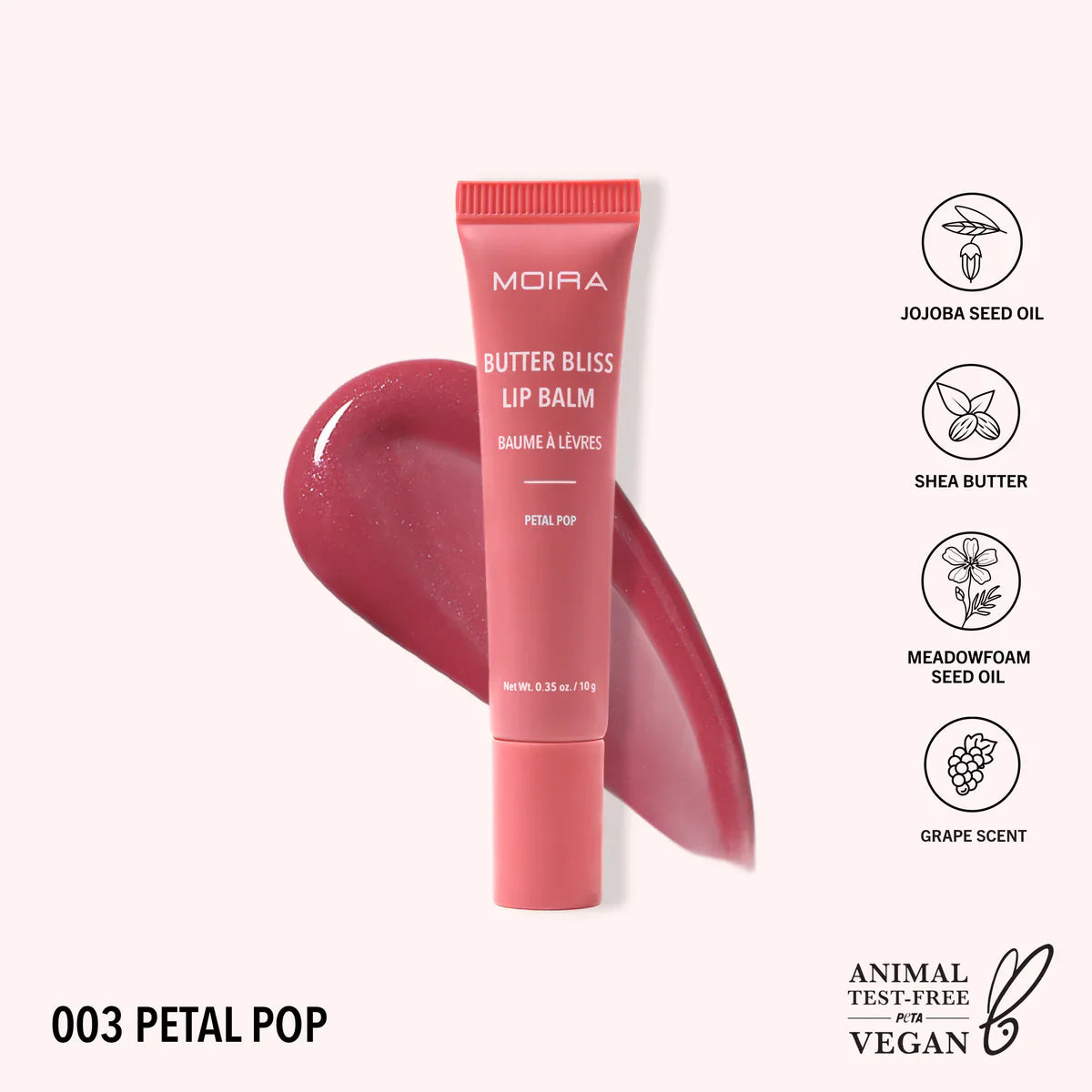 Moira Butter Bliss Lip Balm in Petal Pop with ingredients (jojoba seed oil, shea butter, meadowfoam seed oil, grape scented) listed on a white background