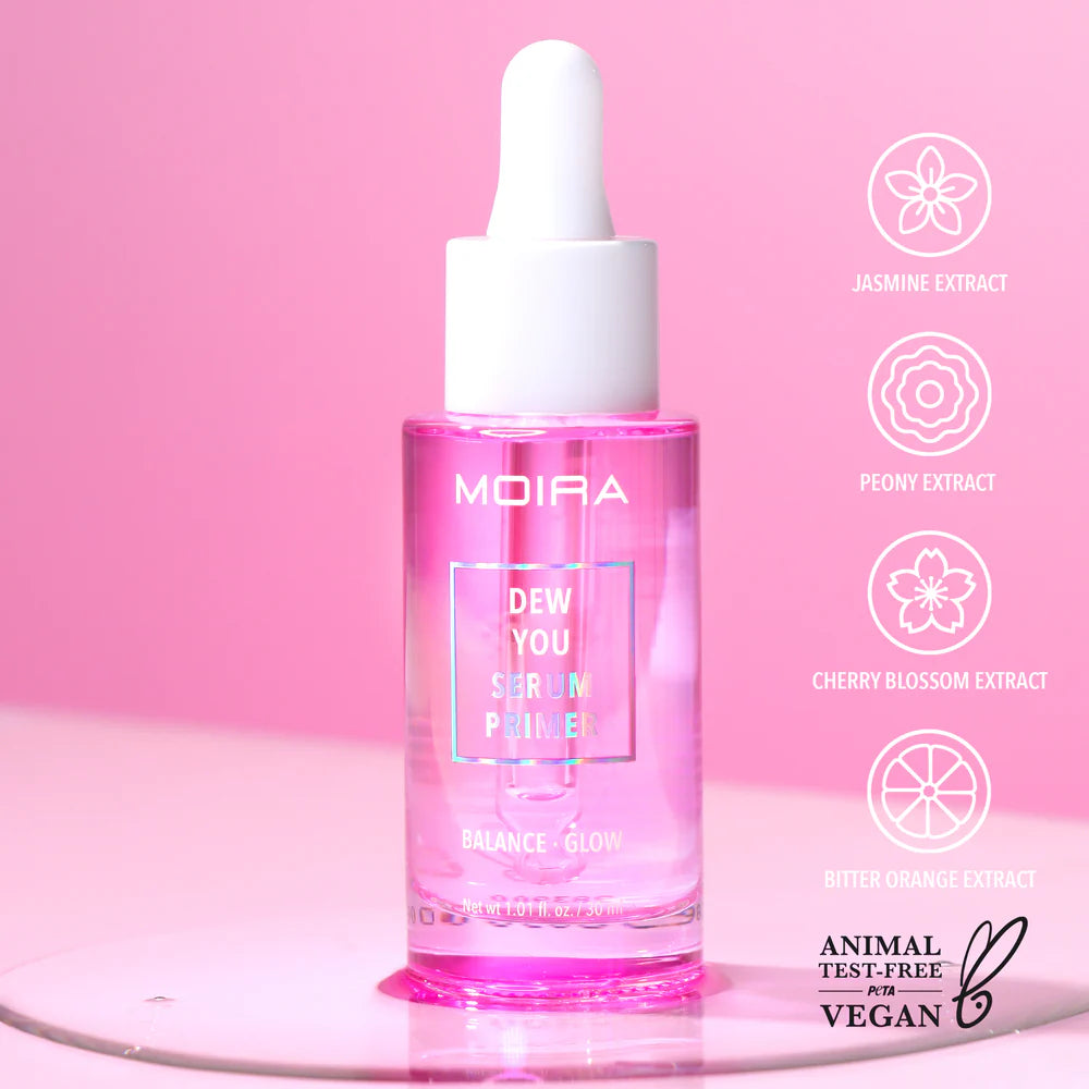 Moira skincare serum bottle with pink gradient on a pink background