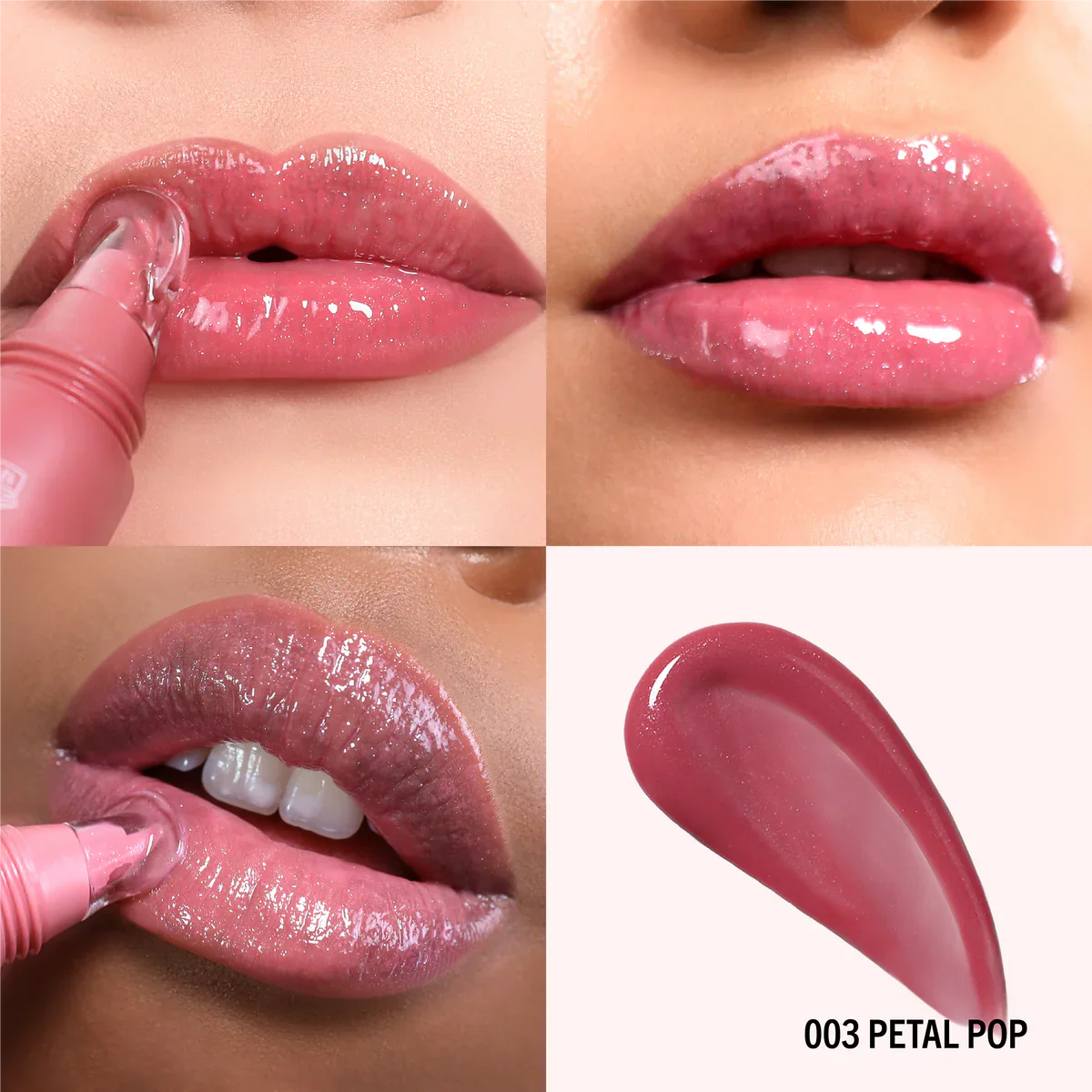 Collage of a pink lip color on lips with close-up and swatch, labeled '003 Petal Pop'.